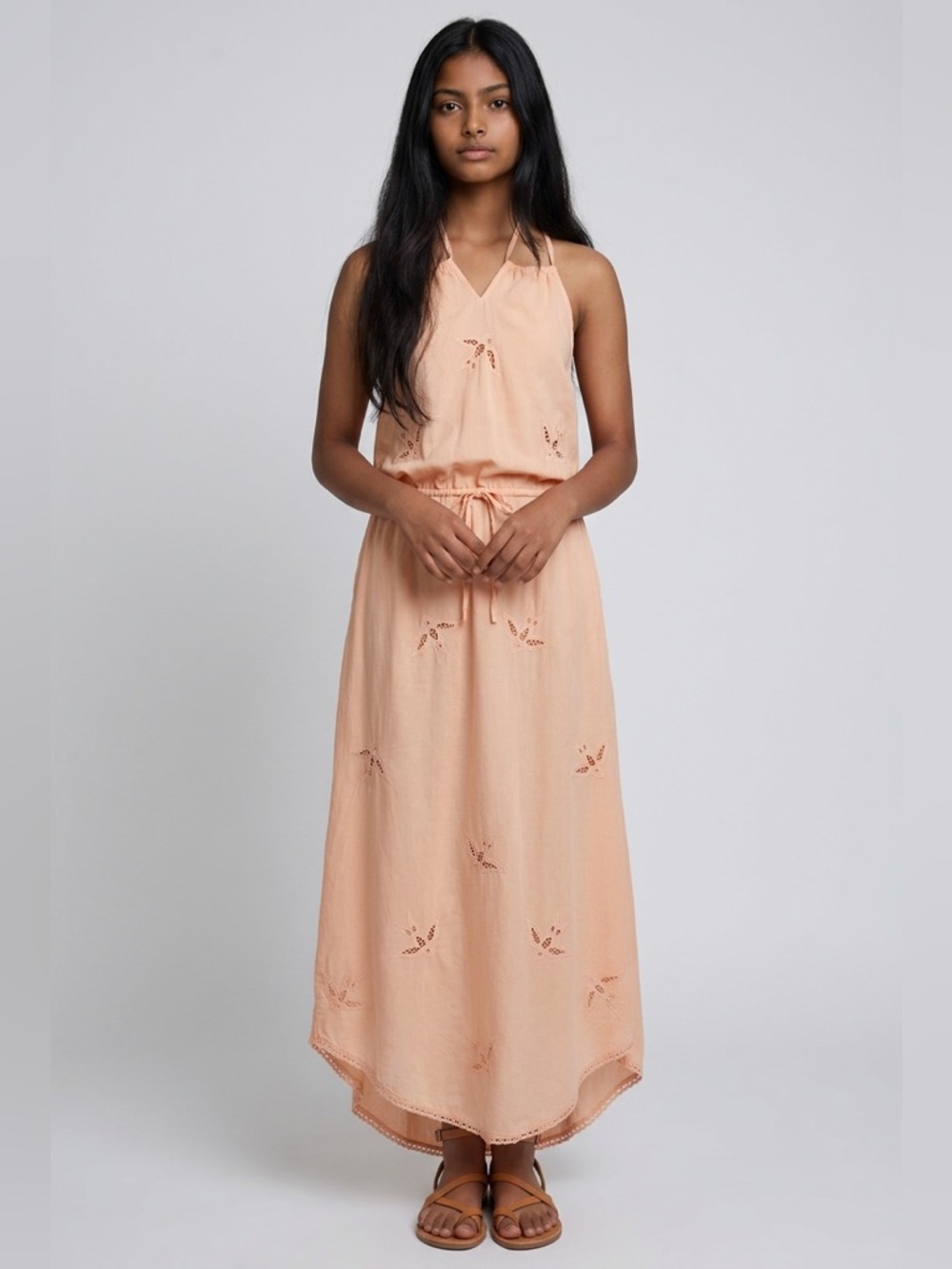 Tiare Hawaii Embroidered Bird Motif Peach Maxi Dress Boho Wedding Resort M/L